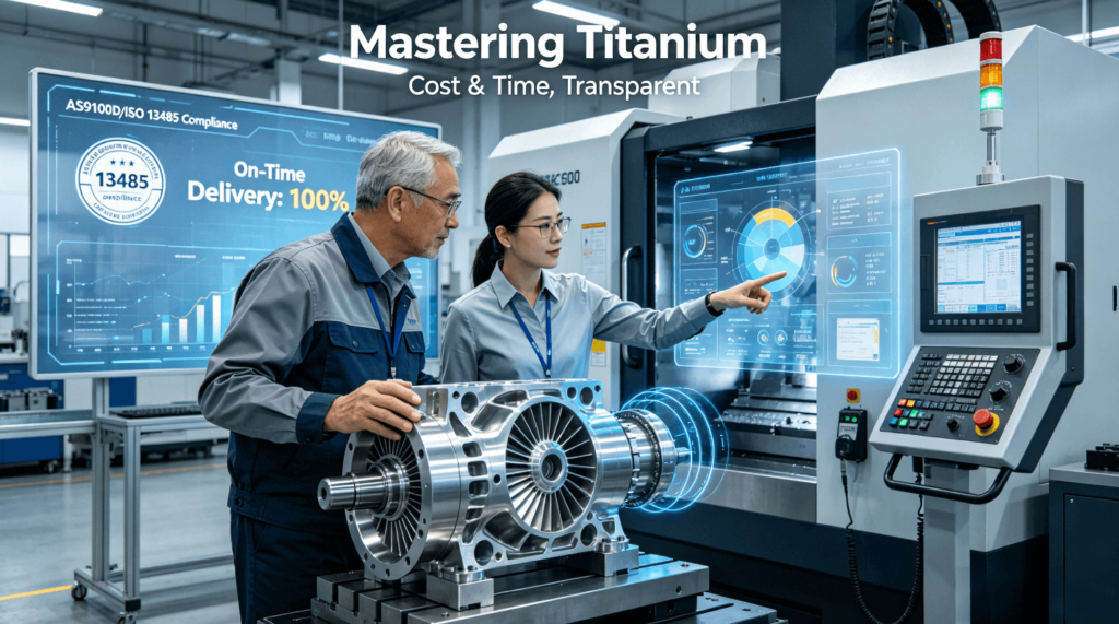 Aerospace manufacturing leaders inspect a precision-machined titanium part on a 5-axis CNC, analyzing real-time data overlaid with transparent cost breakdowns and delivery KPIs, symbolizing the mastery of achieving predictability in high-stakes production.